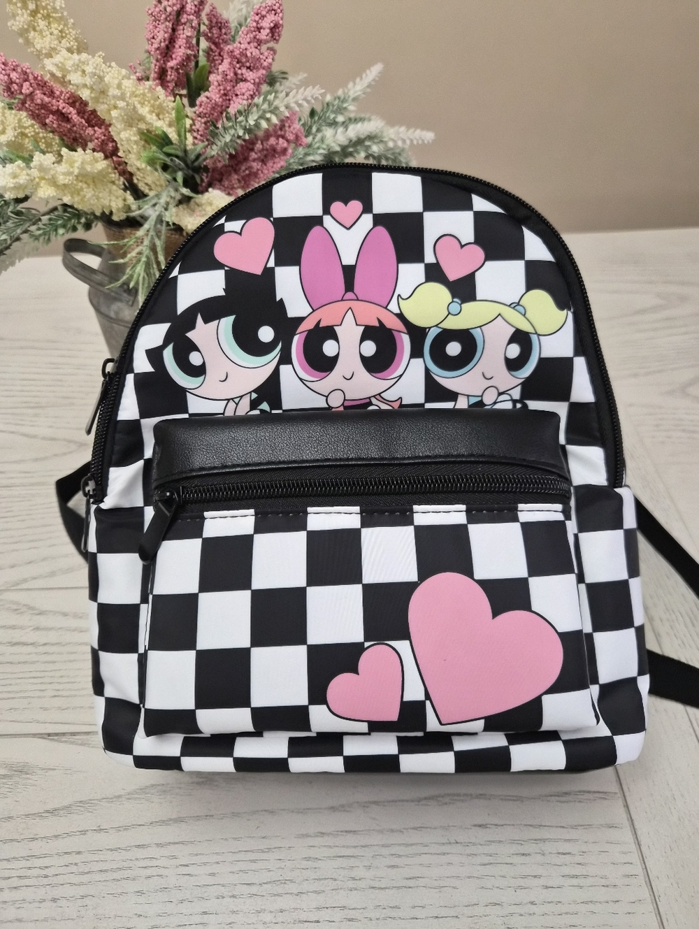 The Powerpuff Girls Checkerboard Mini Backpack with Pink Hearts New